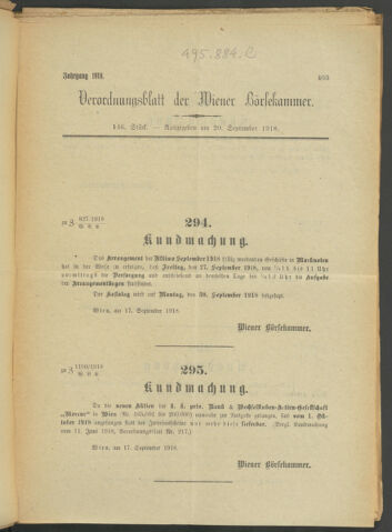 Verordnungsblatt der Wiener Börsekammer 19180920 Seite: 1