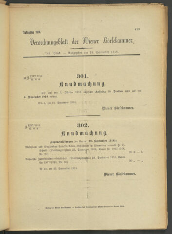 Verordnungsblatt der Wiener Börsekammer 19180924 Seite: 1