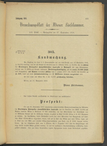 Verordnungsblatt der Wiener Börsekammer 19180927 Seite: 1