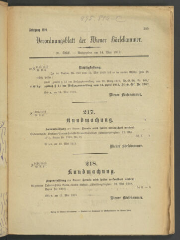 Verordnungsblatt der Wiener Börsekammer 19190514 Seite: 1