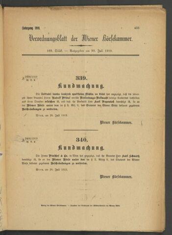 Verordnungsblatt der Wiener Börsekammer 19190730 Seite: 1