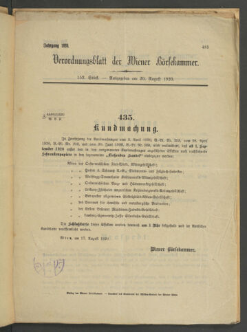 Verordnungsblatt der Wiener Börsekammer 19200820 Seite: 1