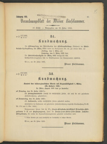 Verordnungsblatt der Wiener Börsekammer 19350220 Seite: 1