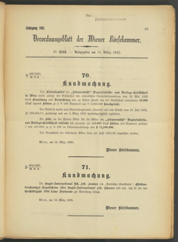 Verordnungsblatt der Wiener Börsekammer 19350315 Seite: 1