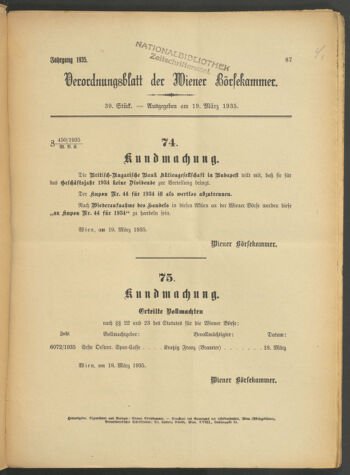 Verordnungsblatt der Wiener Börsekammer 19350319 Seite: 1