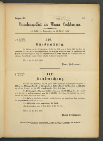 Verordnungsblatt der Wiener Börsekammer 19350427 Seite: 1