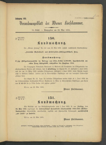 Verordnungsblatt der Wiener Börsekammer 19350522 Seite: 1