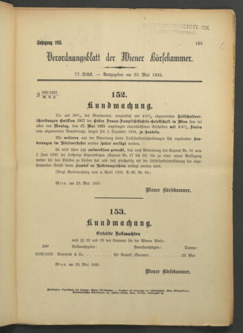 Verordnungsblatt der Wiener Börsekammer 19350523 Seite: 1