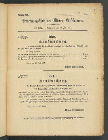 Verordnungsblatt der Wiener Börsekammer 19350710 Seite: 1