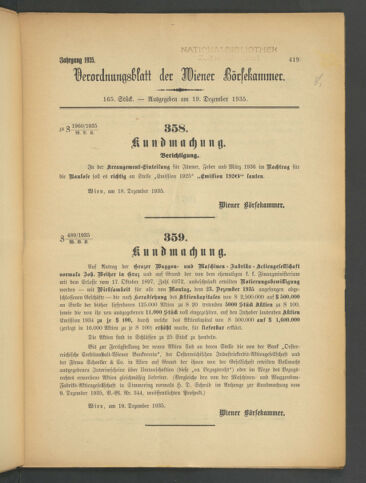 Verordnungsblatt der Wiener Börsekammer 19351219 Seite: 1