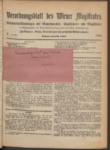 Verordnungsblatt des Wiener Magistrates. Normativbestimmungen des Gemeinderates, Stadtsenates in Angelegenheiten der Gemeindeverwaltung und polititschen Ausführung 19220509 Seite: 1