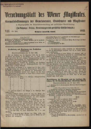 Verordnungsblatt des Wiener Magistrates. Normativbestimmungen des Gemeinderates, Stadtsenates in Angelegenheiten der Gemeindeverwaltung und polititschen Ausführung 19220731 Seite: 1