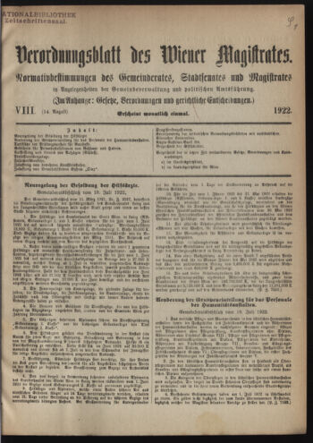 Verordnungsblatt des Wiener Magistrates. Normativbestimmungen des Gemeinderates, Stadtsenates in Angelegenheiten der Gemeindeverwaltung und polititschen Ausführung 19220814 Seite: 1