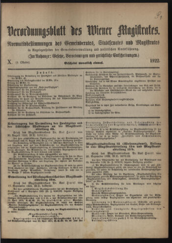 Verordnungsblatt des Wiener Magistrates. Normativbestimmungen des Gemeinderates, Stadtsenates in Angelegenheiten der Gemeindeverwaltung und polititschen Ausführung 19221009 Seite: 1