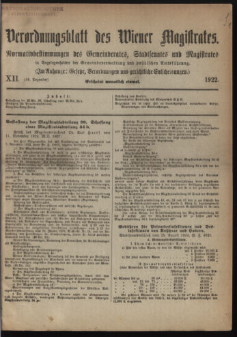 Verordnungsblatt des Wiener Magistrates. Normativbestimmungen des Gemeinderates, Stadtsenates in Angelegenheiten der Gemeindeverwaltung und polititschen Ausführung 19221218 Seite: 1