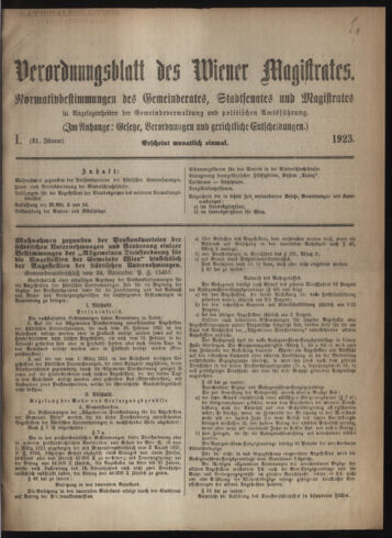 Verordnungsblatt des Wiener Magistrates. Normativbestimmungen des Gemeinderates, Stadtsenates in Angelegenheiten der Gemeindeverwaltung und polititschen Ausführung 19230131 Seite: 1