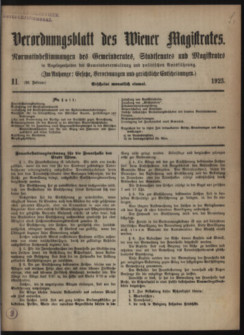 Verordnungsblatt des Wiener Magistrates. Normativbestimmungen des Gemeinderates, Stadtsenates in Angelegenheiten der Gemeindeverwaltung und polititschen Ausführung 19230228 Seite: 1