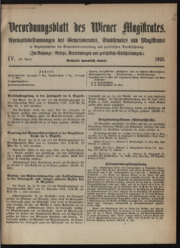 Verordnungsblatt des Wiener Magistrates. Normativbestimmungen des Gemeinderates, Stadtsenates in Angelegenheiten der Gemeindeverwaltung und polititschen Ausführung 19230430 Seite: 1