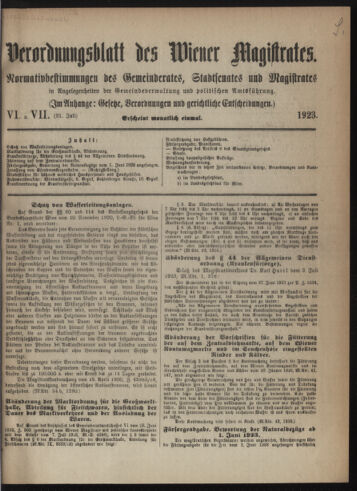 Verordnungsblatt des Wiener Magistrates. Normativbestimmungen des Gemeinderates, Stadtsenates in Angelegenheiten der Gemeindeverwaltung und polititschen Ausführung 19230731 Seite: 1