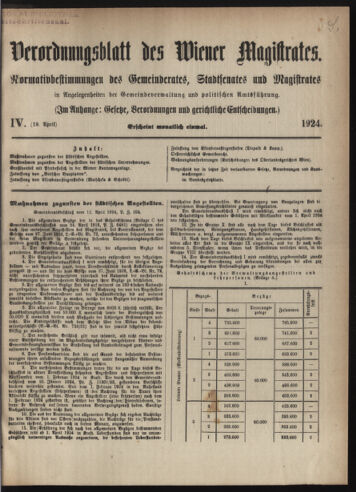 Verordnungsblatt des Wiener Magistrates. Normativbestimmungen des Gemeinderates, Stadtsenates in Angelegenheiten der Gemeindeverwaltung und polititschen Ausführung 19240419 Seite: 1