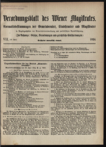 Verordnungsblatt des Wiener Magistrates. Normativbestimmungen des Gemeinderates, Stadtsenates in Angelegenheiten der Gemeindeverwaltung und polititschen Ausführung 19240710 Seite: 1