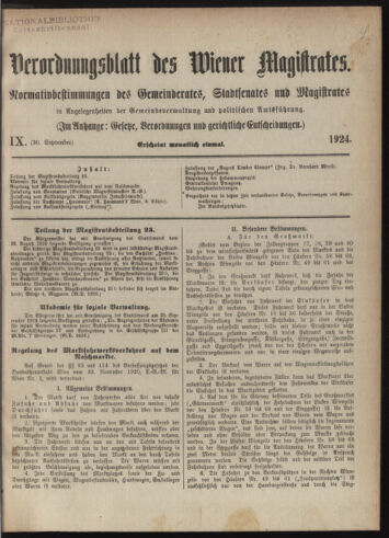 Verordnungsblatt des Wiener Magistrates. Normativbestimmungen des Gemeinderates, Stadtsenates in Angelegenheiten der Gemeindeverwaltung und polititschen Ausführung 19240930 Seite: 1