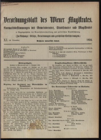 Verordnungsblatt des Wiener Magistrates. Normativbestimmungen des Gemeinderates, Stadtsenates in Angelegenheiten der Gemeindeverwaltung und polititschen Ausführung 19241129 Seite: 1