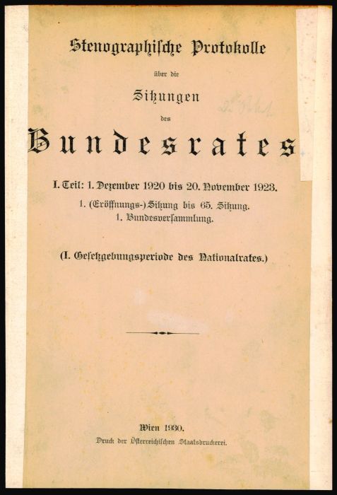 Stenographische Protokolle - Bundesrat, 1. Gesetzgebungsperiode, Titelblatt, ALEX/ÖNB