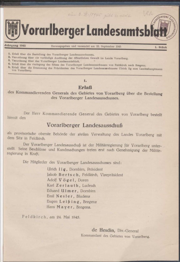 Landesgesetzblatt für das Land Vorarlberg, 15.9.1945, S.1, ALEX/ÖNB